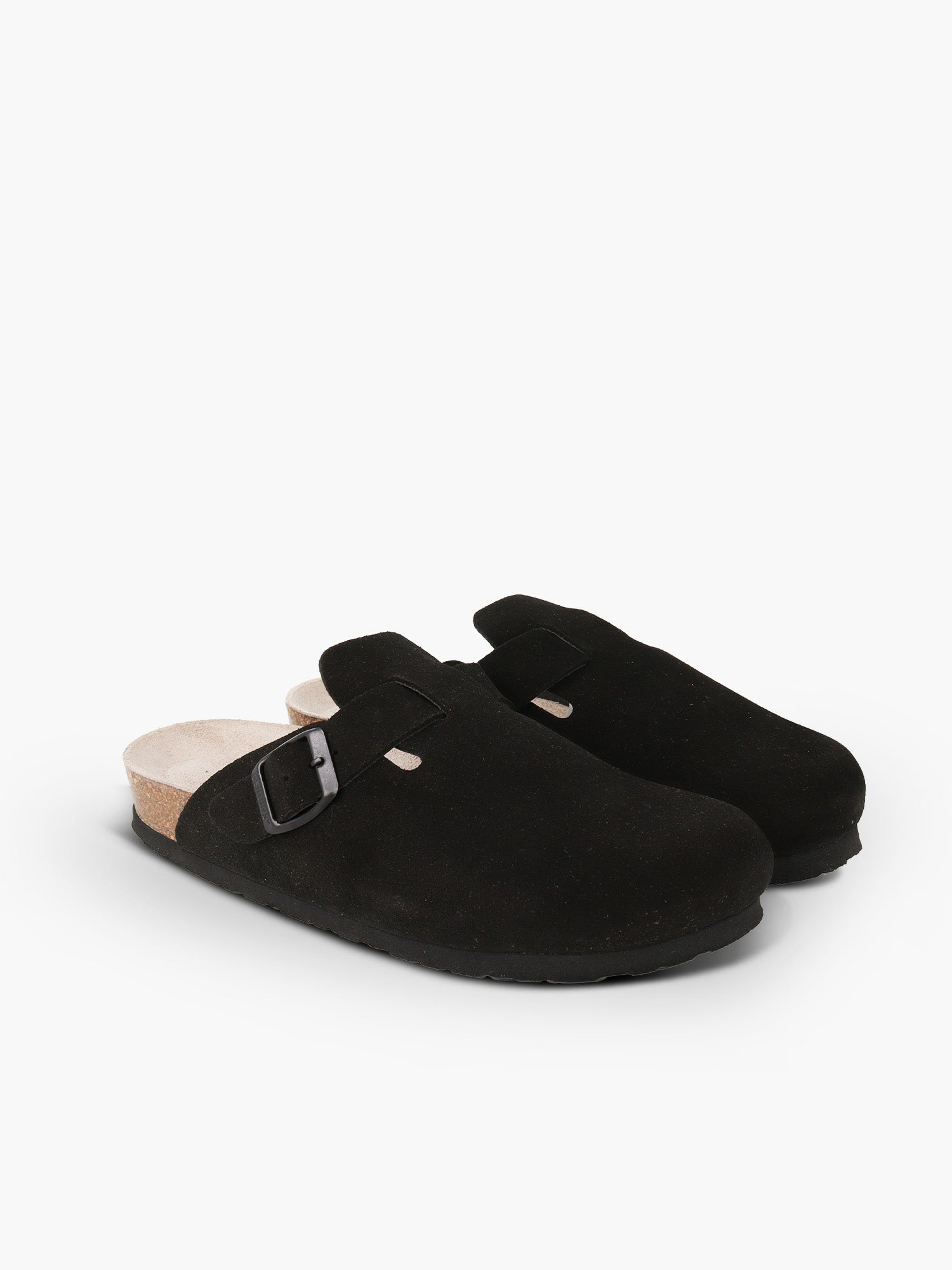 Zueco Genuins Riva  de piel serraje color negro  con planta anatómica de caucho corcho y hebilla ajustable metálica para hombre en vista doble