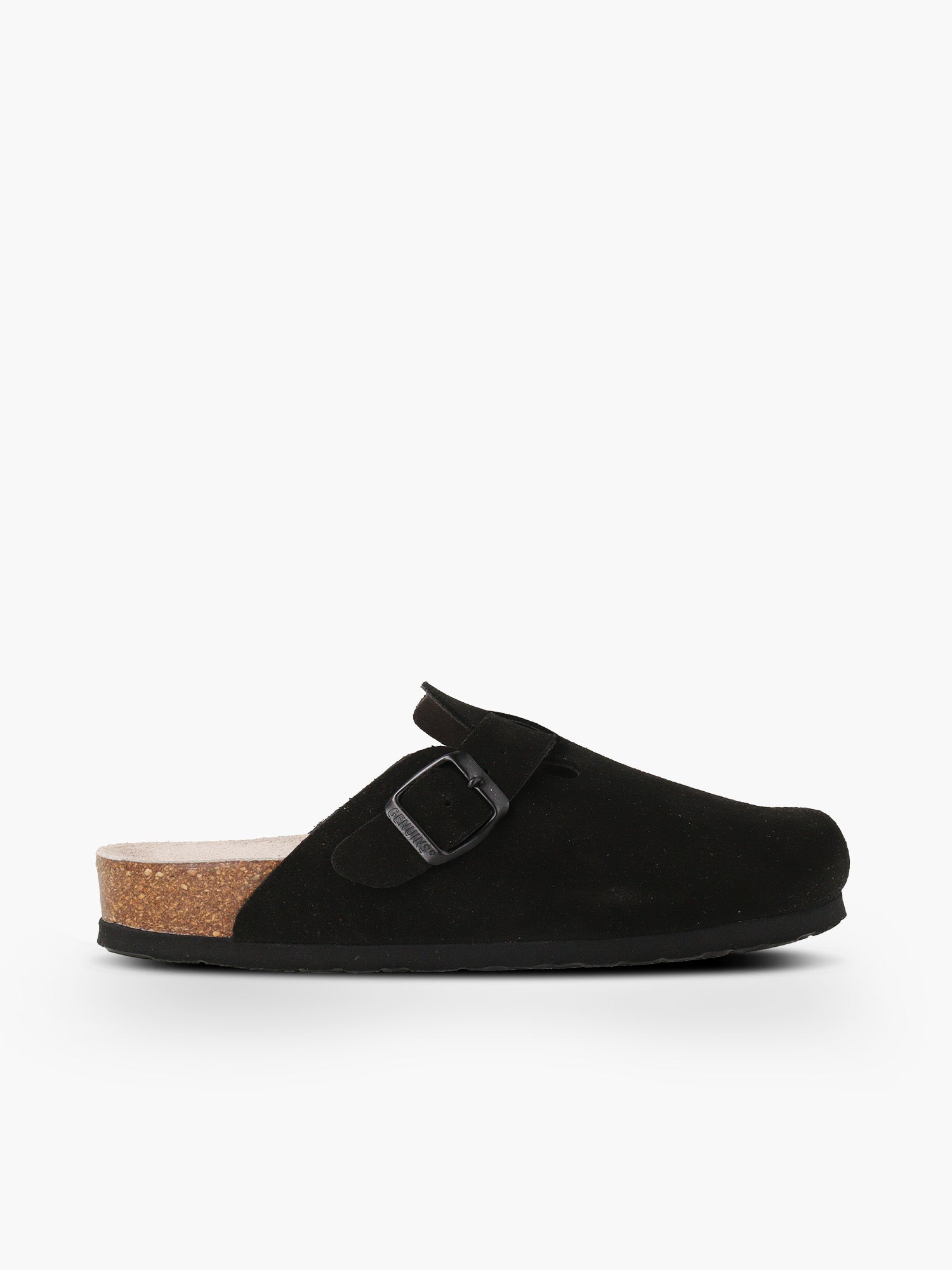 Zueco Genuins Riva  de piel serraje color negro con planta anatómica de caucho corcho y hebilla ajustable metálica para hombre en vista lateral  